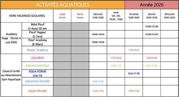 Planing piscine hors vacances VDB